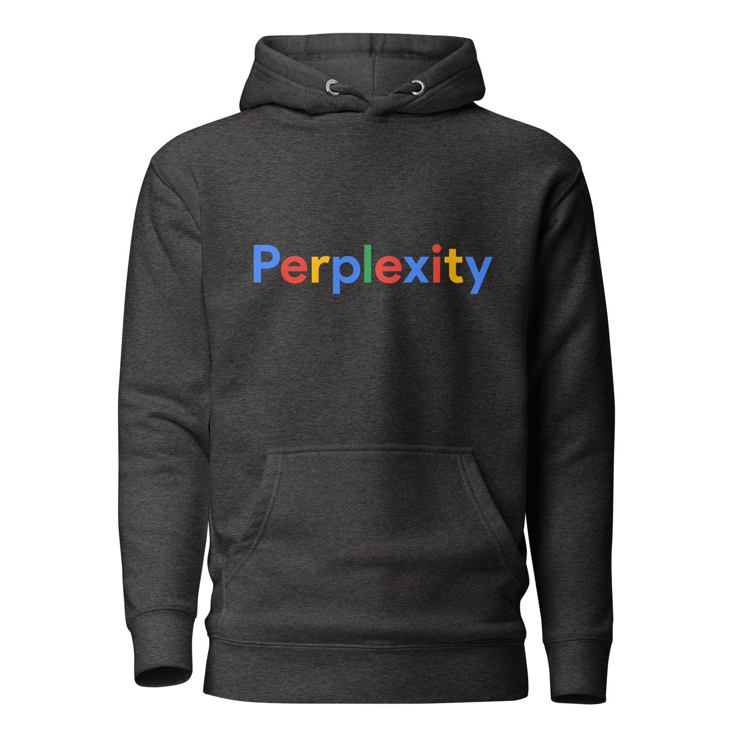Product mockup photo of the Premium Perplexity Search Logo Hoodie (unisex) Charcoal Heather / M.