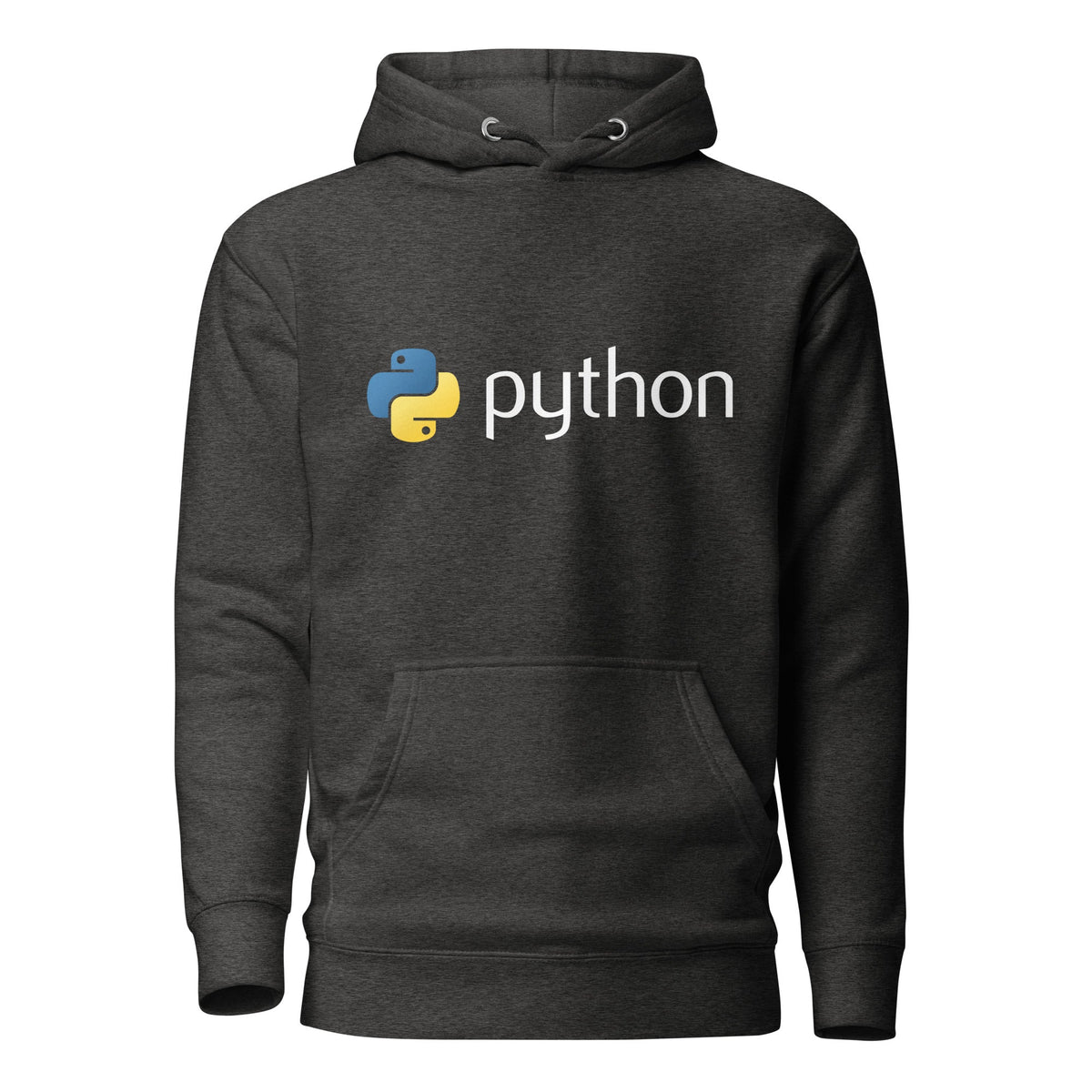 Product mockup photo of the Premium Python Logo Hoodie (unisex) Charcoal Heather / M.