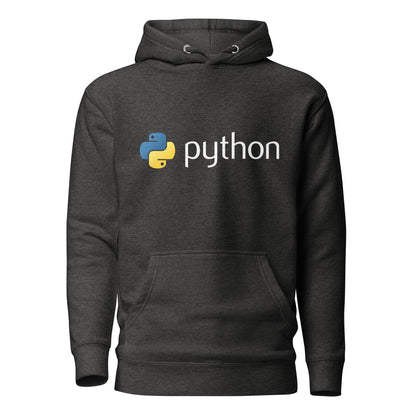 Product mockup photo of the Premium Python Logo Hoodie (unisex) Charcoal Heather / M.