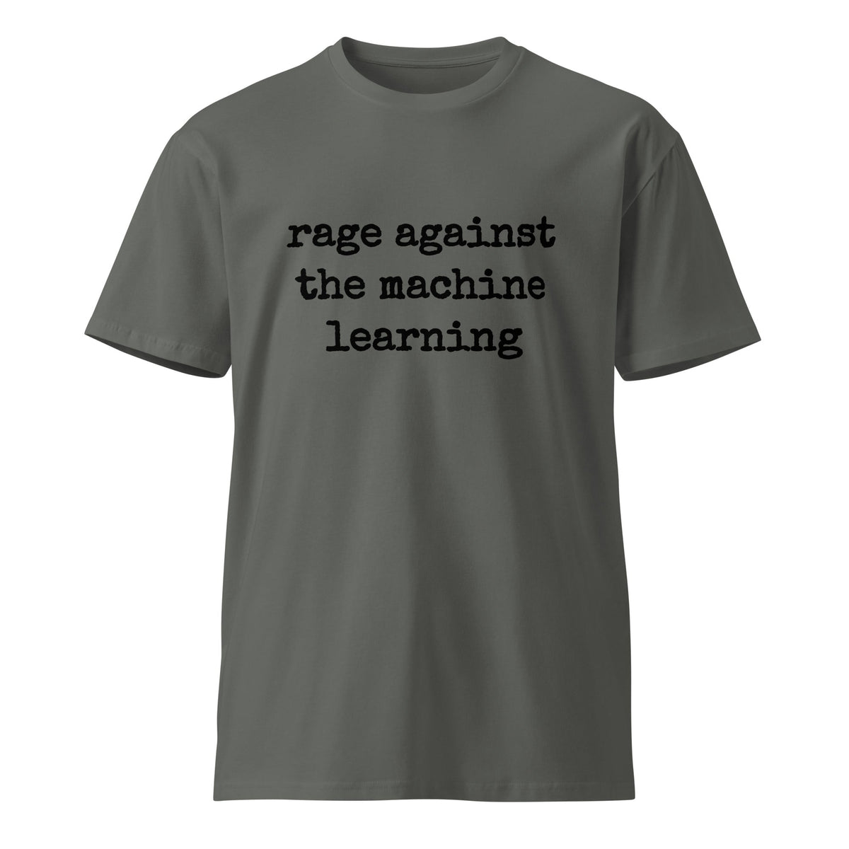 Mockup image of the Premium rage against the machine learning T Shirt 2 (unisex) Charcoal / M.