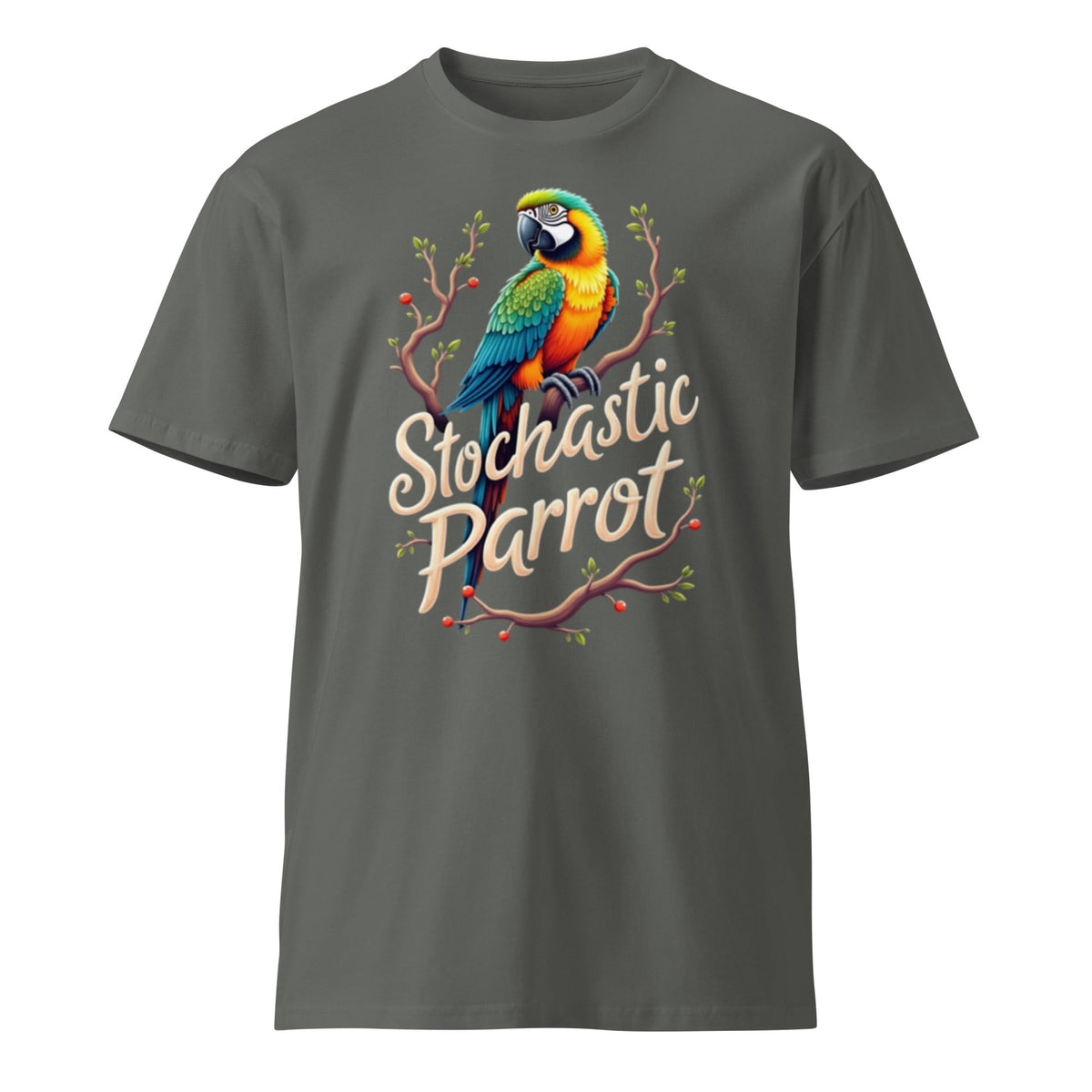 Mockup image of the Premium Stochastic Parrot T Shirt 2 (unisex) Charcoal / M.