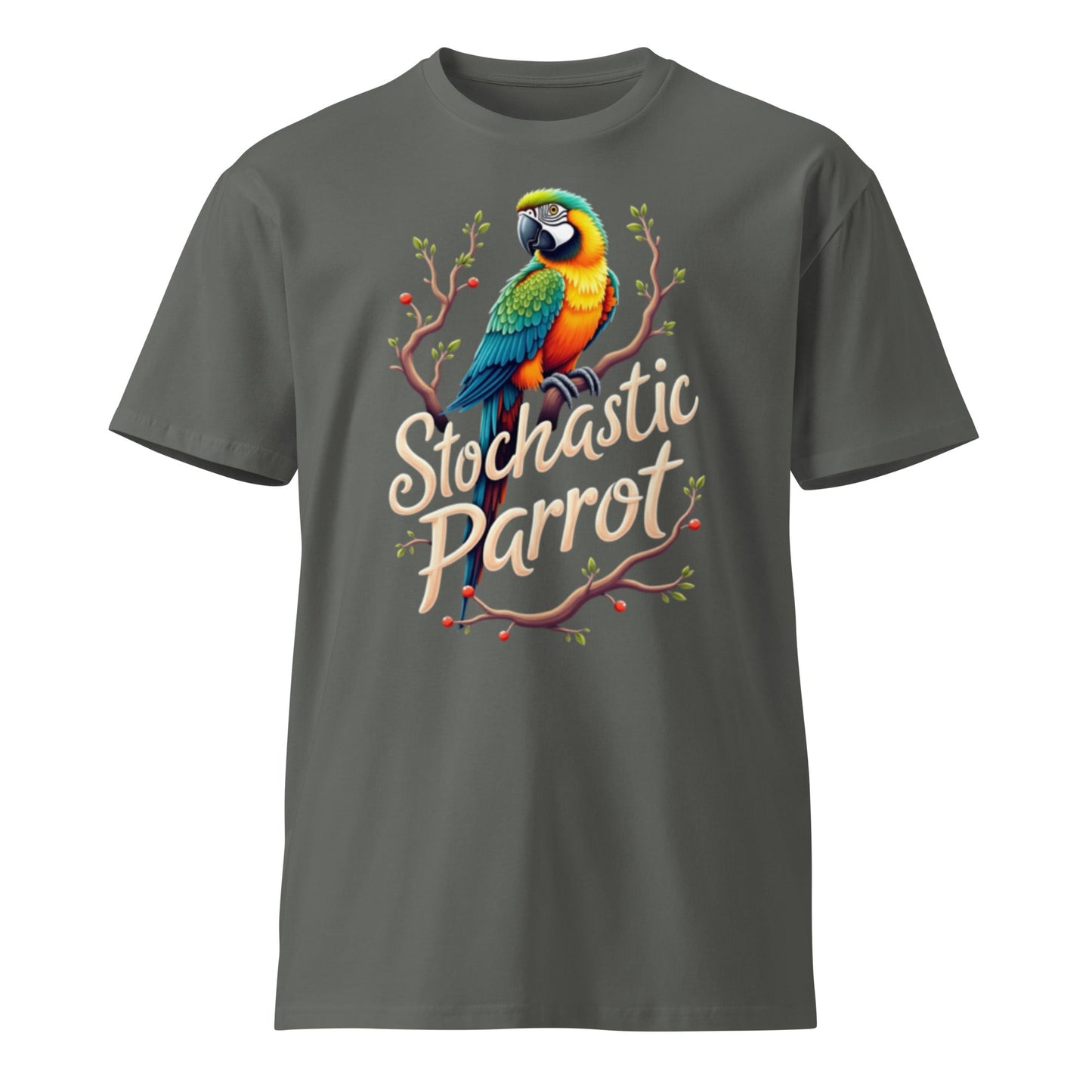 Mockup image of the Premium Stochastic Parrot T Shirt 2 (unisex) Charcoal / M.
