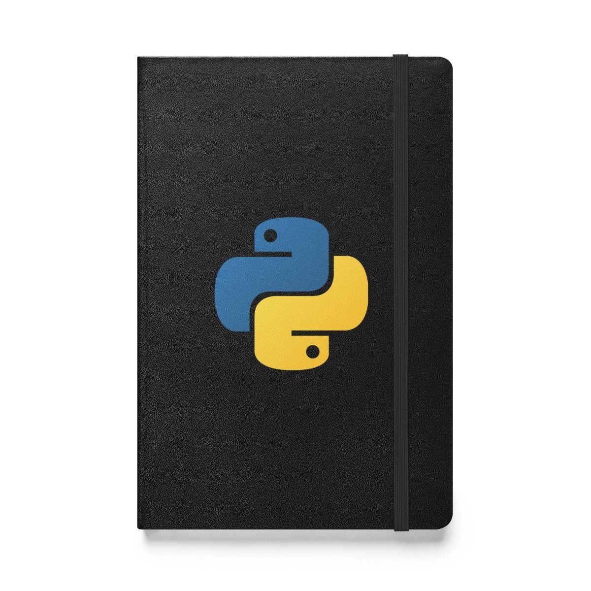 Product mockup photo of the Python Icon Hardcover Bound Notebook Black.