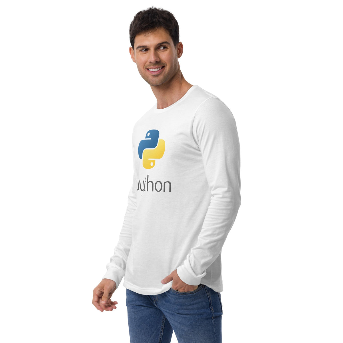 Product mockup photo of the Python Stacked Logo Long Sleeve T Shirt (unisex).