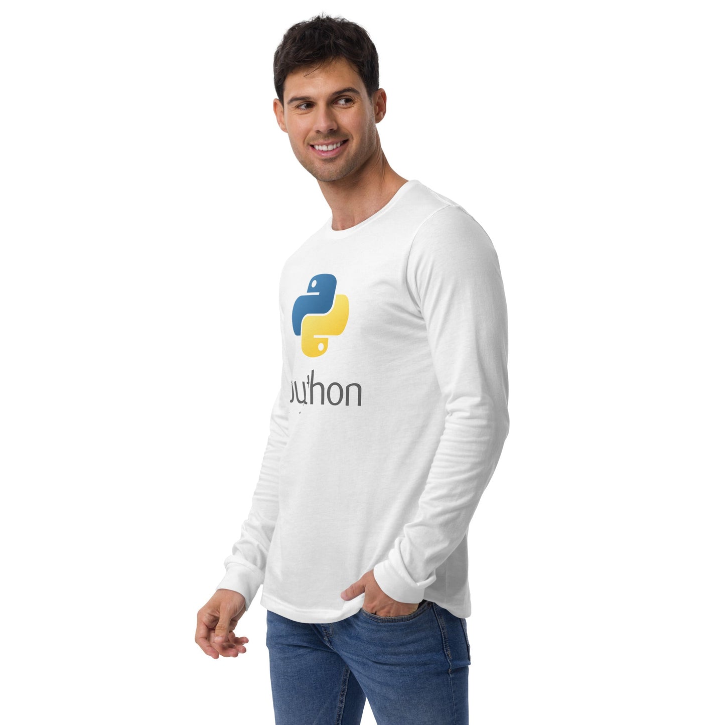Product mockup photo of the Python Stacked Logo Long Sleeve T Shirt (unisex).