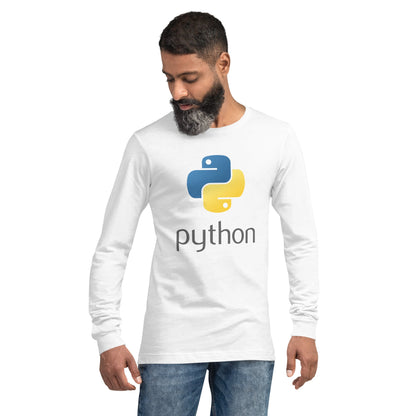 Product mockup photo of the Python Stacked Logo Long Sleeve T Shirt (unisex).
