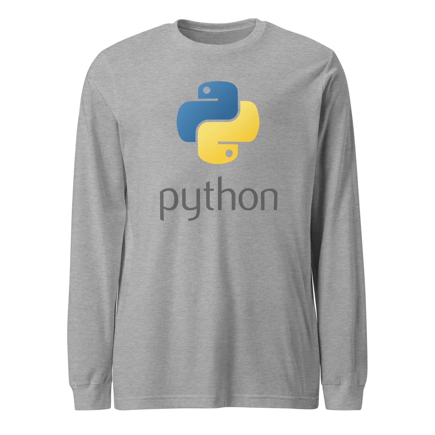 Product mockup photo of the Python Stacked Logo Long Sleeve T Shirt (unisex) Athletic Heather / M.