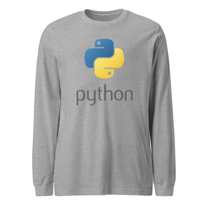 Product mockup photo of the Python Stacked Logo Long Sleeve T Shirt (unisex) Athletic Heather / M.