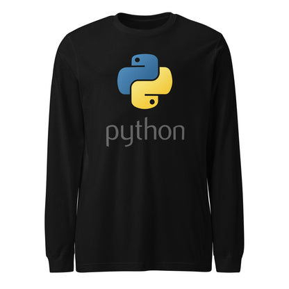 Product mockup photo of the Python Stacked Logo Long Sleeve T Shirt (unisex) Black / M.