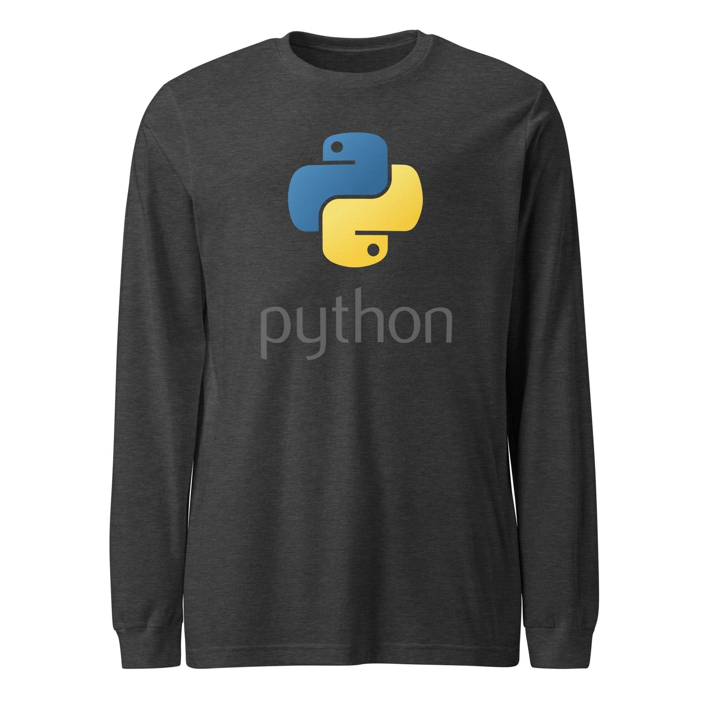 Product mockup photo of the Python Stacked Logo Long Sleeve T Shirt (unisex) Dark Grey Heather / M.