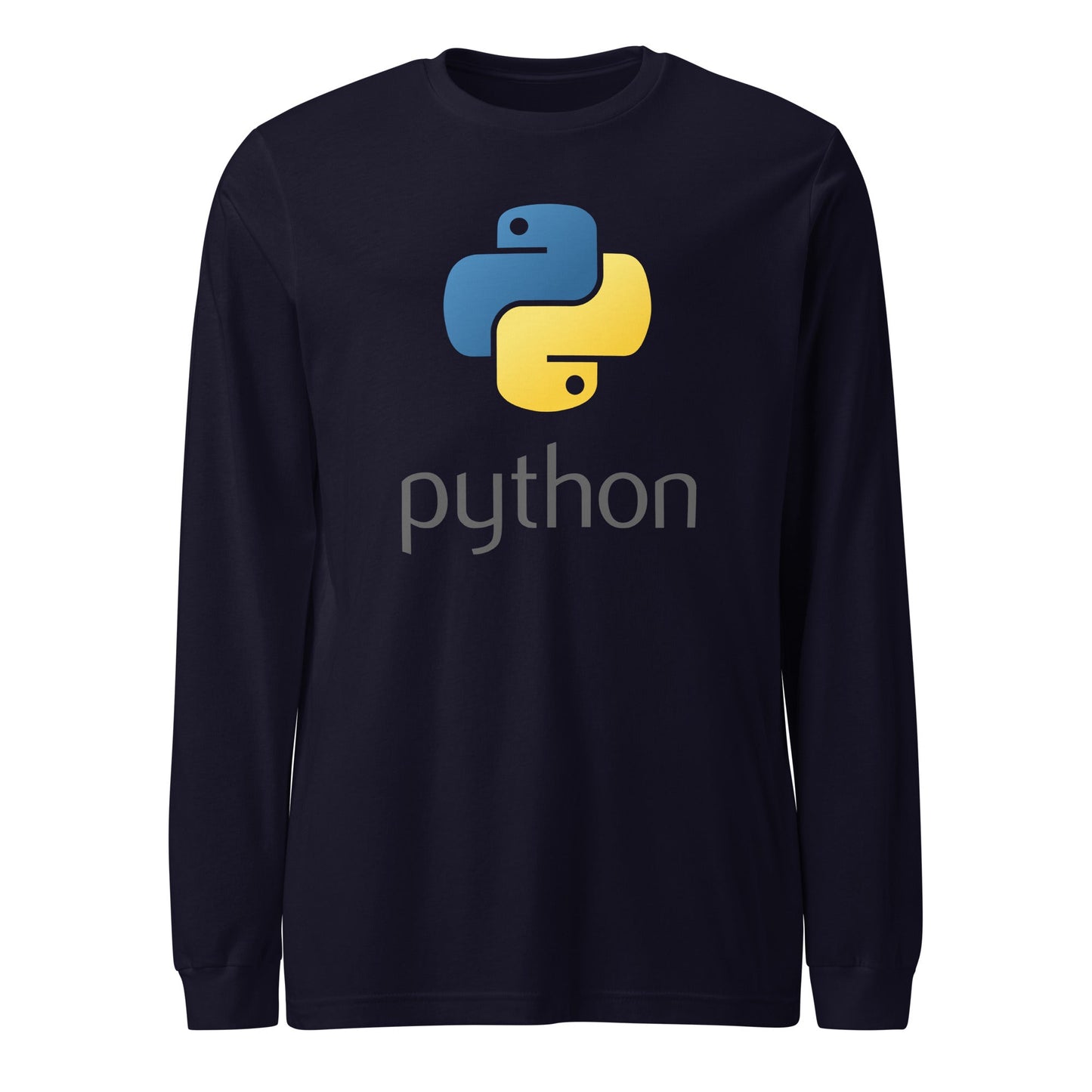Product mockup photo of the Python Stacked Logo Long Sleeve T Shirt (unisex) Navy / M.
