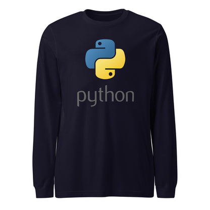 Product mockup photo of the Python Stacked Logo Long Sleeve T Shirt (unisex) Navy / M.