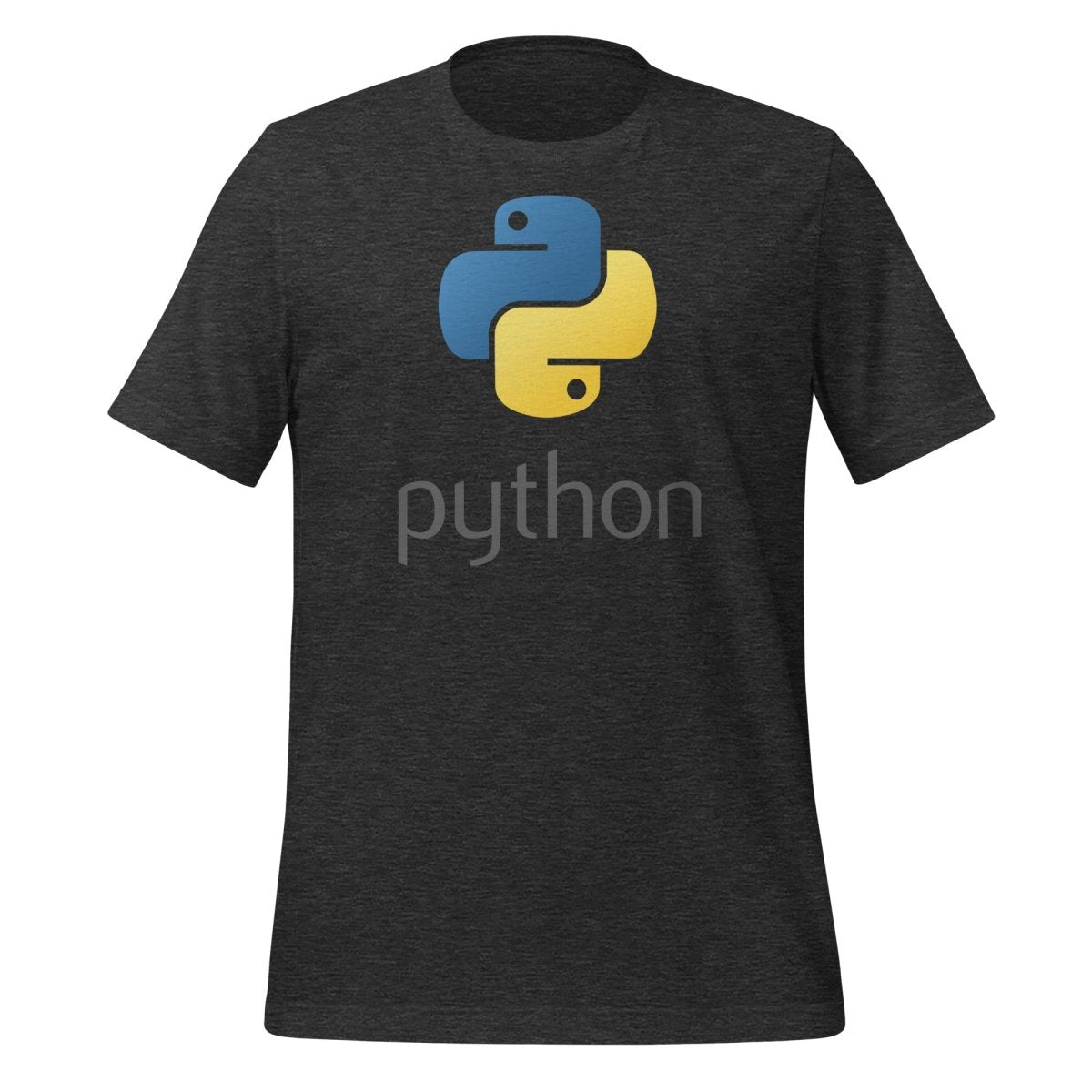 Product mockup photo of the Python Stacked Logo T Shirt (unisex) Dark Grey Heather / M.
