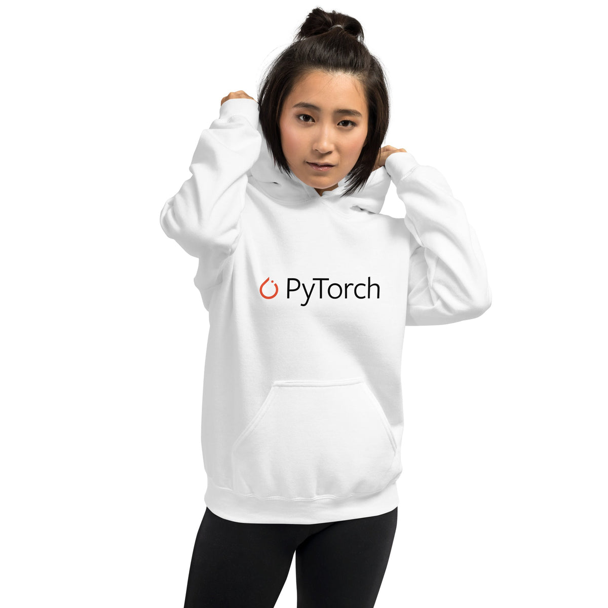 Product mockup photo of the PyTorch Black Logo Hoodie (unisex).