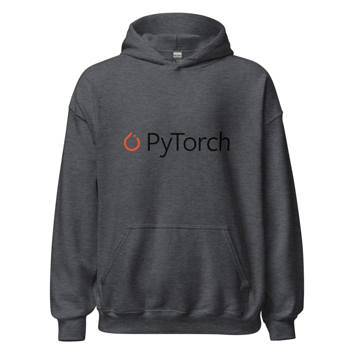 Product mockup photo of the PyTorch Black Logo Hoodie (unisex) Dark Heather / M.