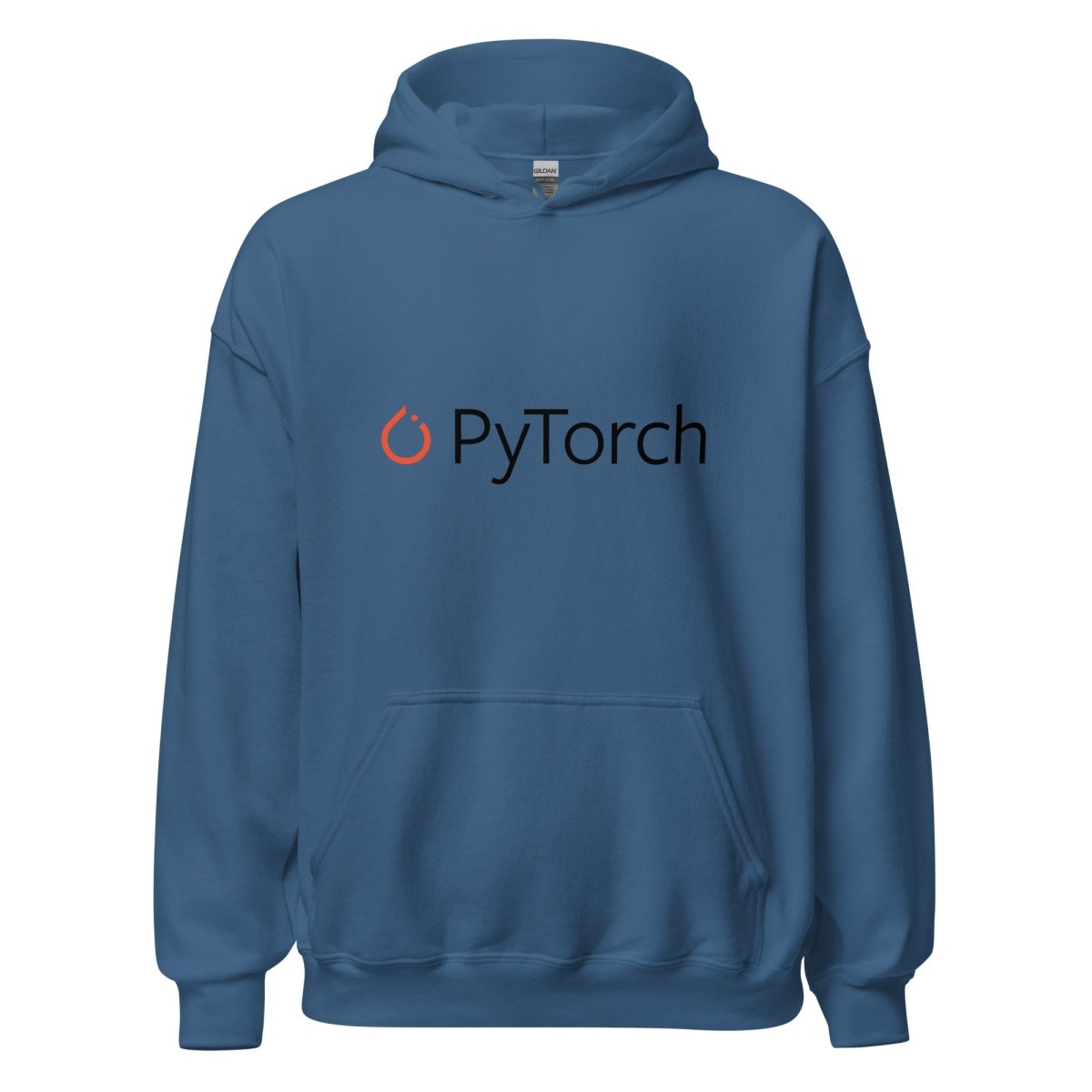 Product mockup photo of the PyTorch Black Logo Hoodie (unisex) Indigo Blue / M.