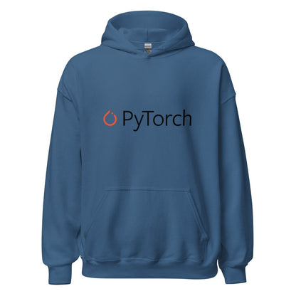 Product mockup photo of the PyTorch Black Logo Hoodie (unisex) Indigo Blue / M.