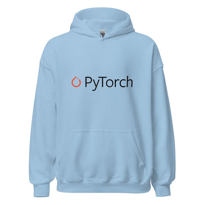 Product mockup photo of the PyTorch Black Logo Hoodie (unisex) Light Blue / M.