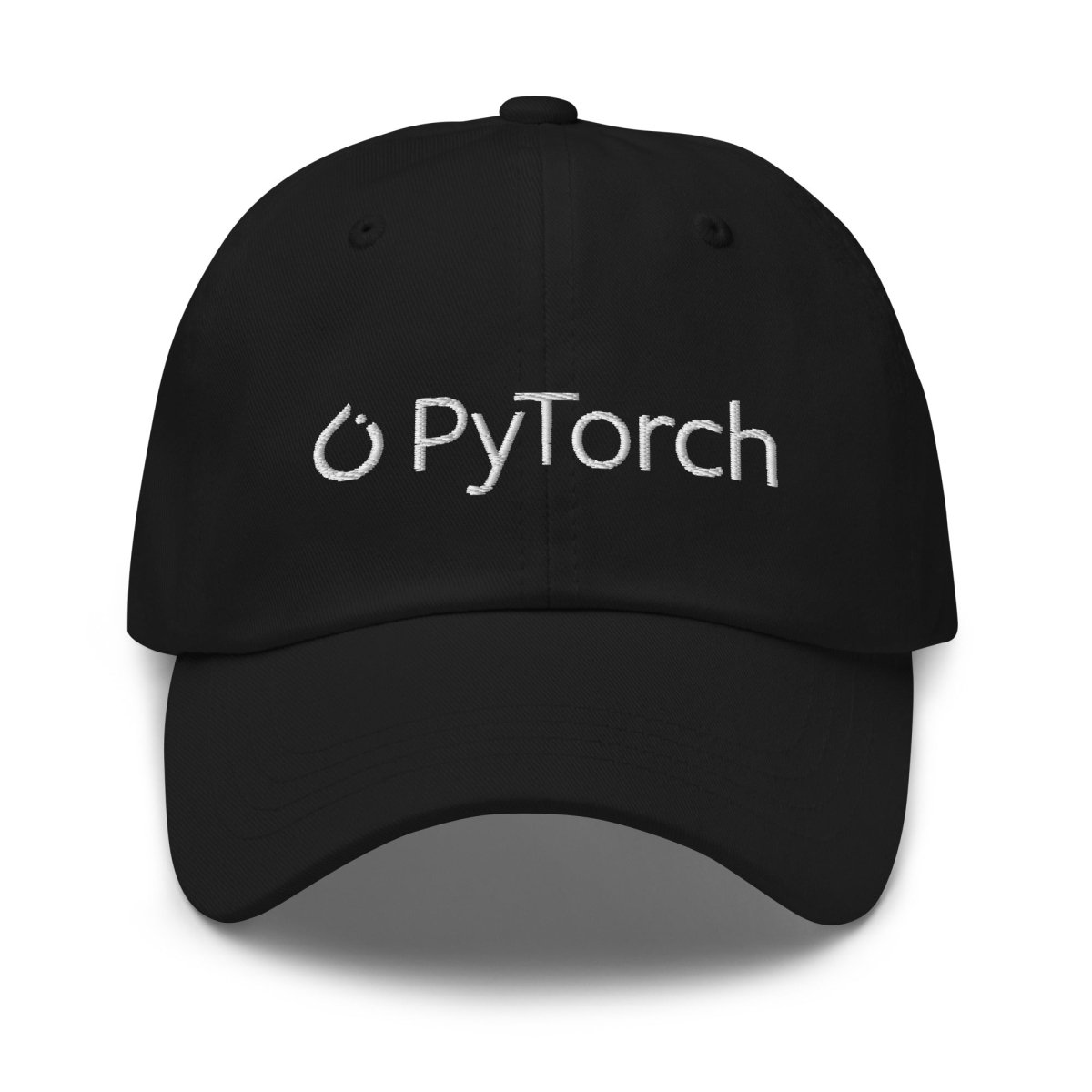 Product mockup photo of the PyTorch White Logo Cap Black.
