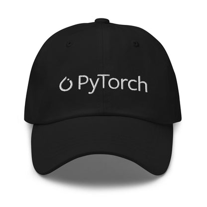 Product mockup photo of the PyTorch White Logo Cap Black.