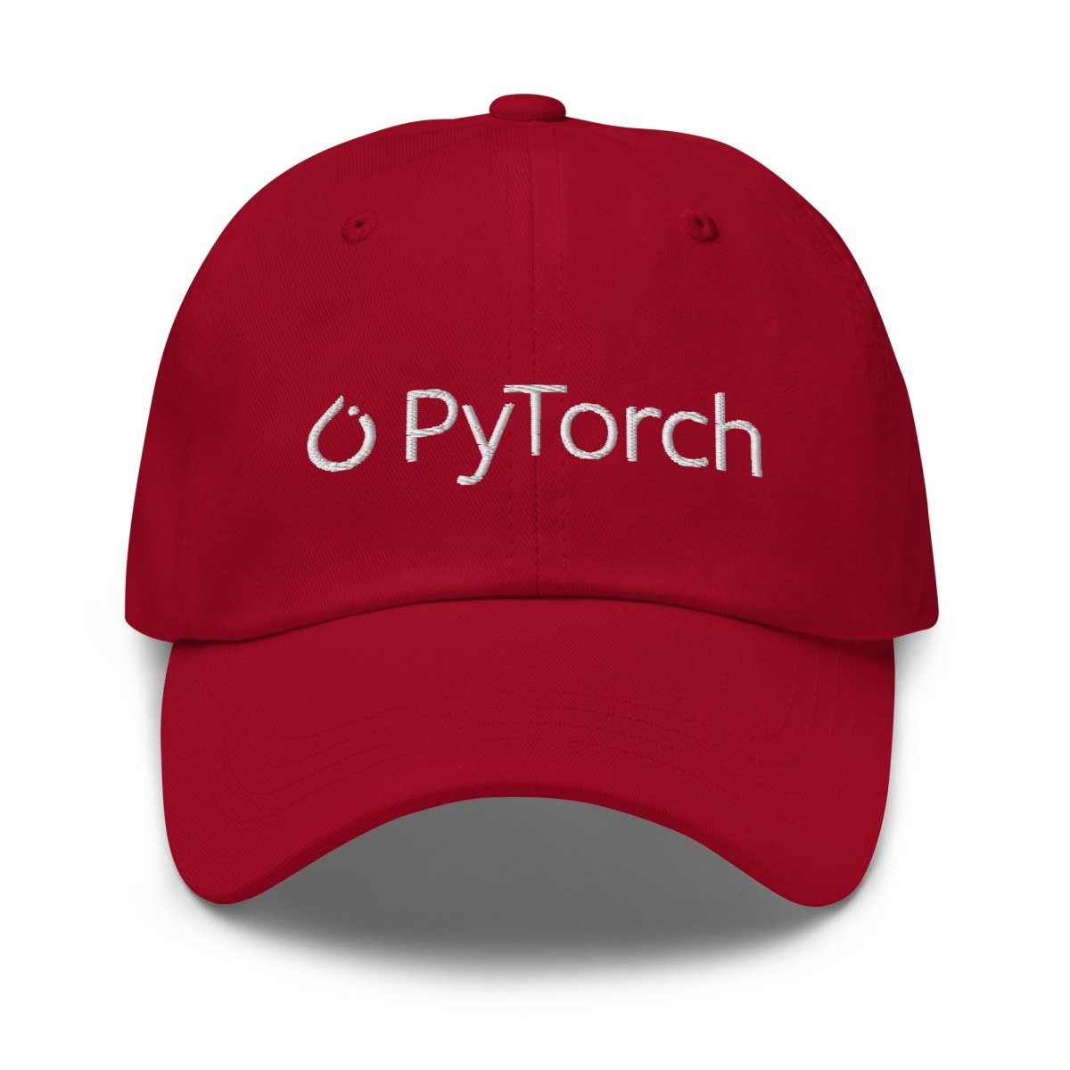 Product mockup photo of the PyTorch White Logo Cap Cranberry.