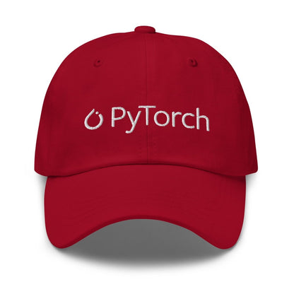 Product mockup photo of the PyTorch White Logo Cap Cranberry.