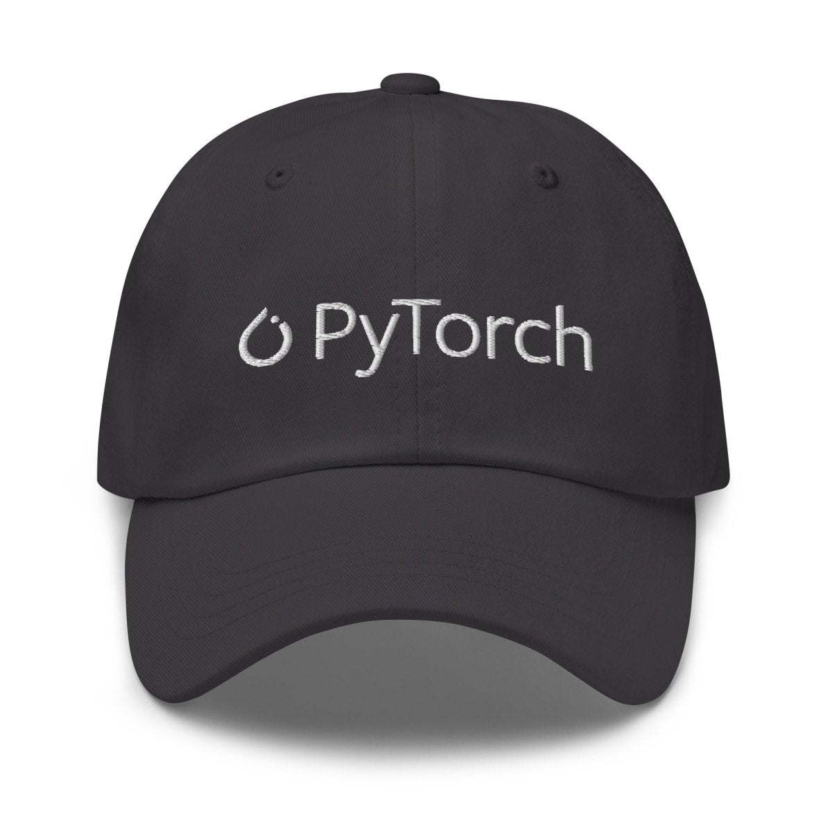 Product mockup photo of the PyTorch White Logo Cap Dark Grey.