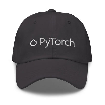 Product mockup photo of the PyTorch White Logo Cap Dark Grey.