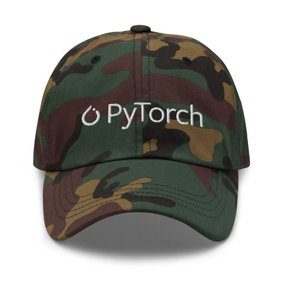 Product mockup photo of the PyTorch White Logo Cap Green Camo.