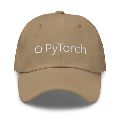 Product mockup photo of the PyTorch White Logo Cap Khaki.