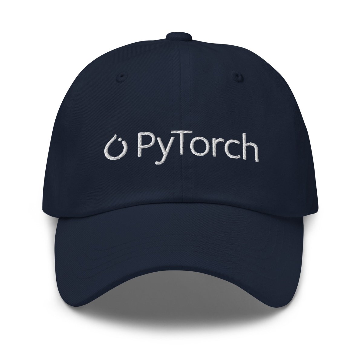 Product mockup photo of the PyTorch White Logo Cap Navy.