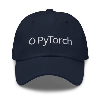 Product mockup photo of the PyTorch White Logo Cap Navy.
