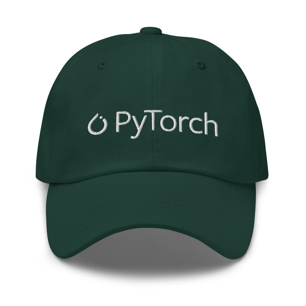 Product mockup photo of the PyTorch White Logo Cap Spruce.
