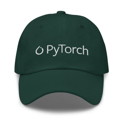 Product mockup photo of the PyTorch White Logo Cap Spruce.
