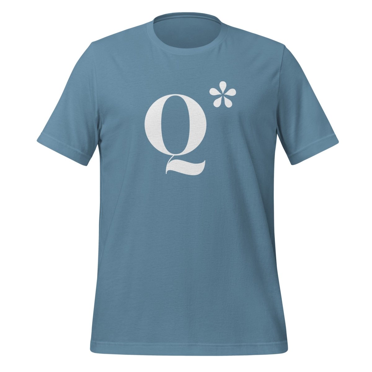 Product mockup photo of the Q* (Q Star) T Shirt 3 (unisex) Steel Blue / M.