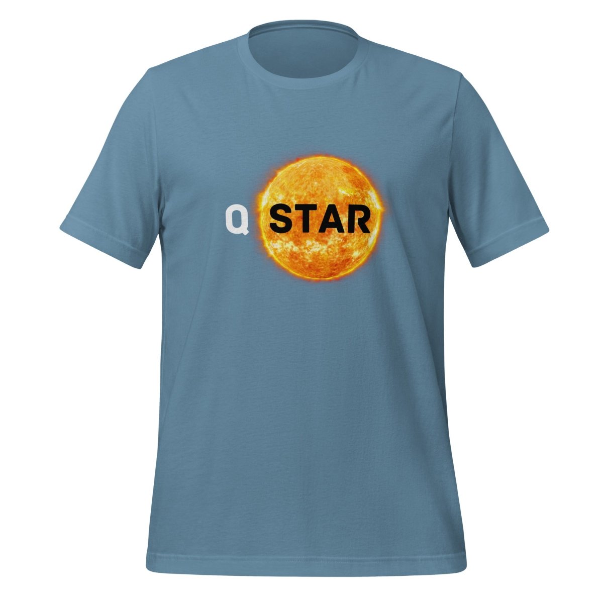 Product mockup photo of the Q* (Q Star) T Shirt 6 (unisex) Steel Blue / M.
