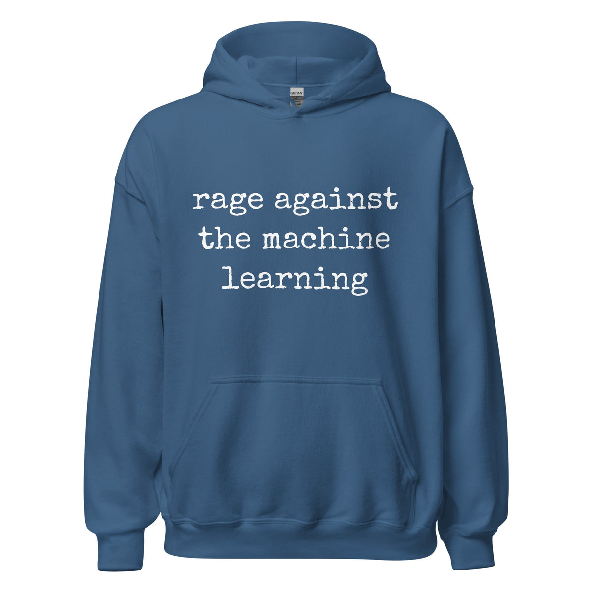 Image of the rage against the machine learning Hoodie (unisex) Indigo Blue / M.