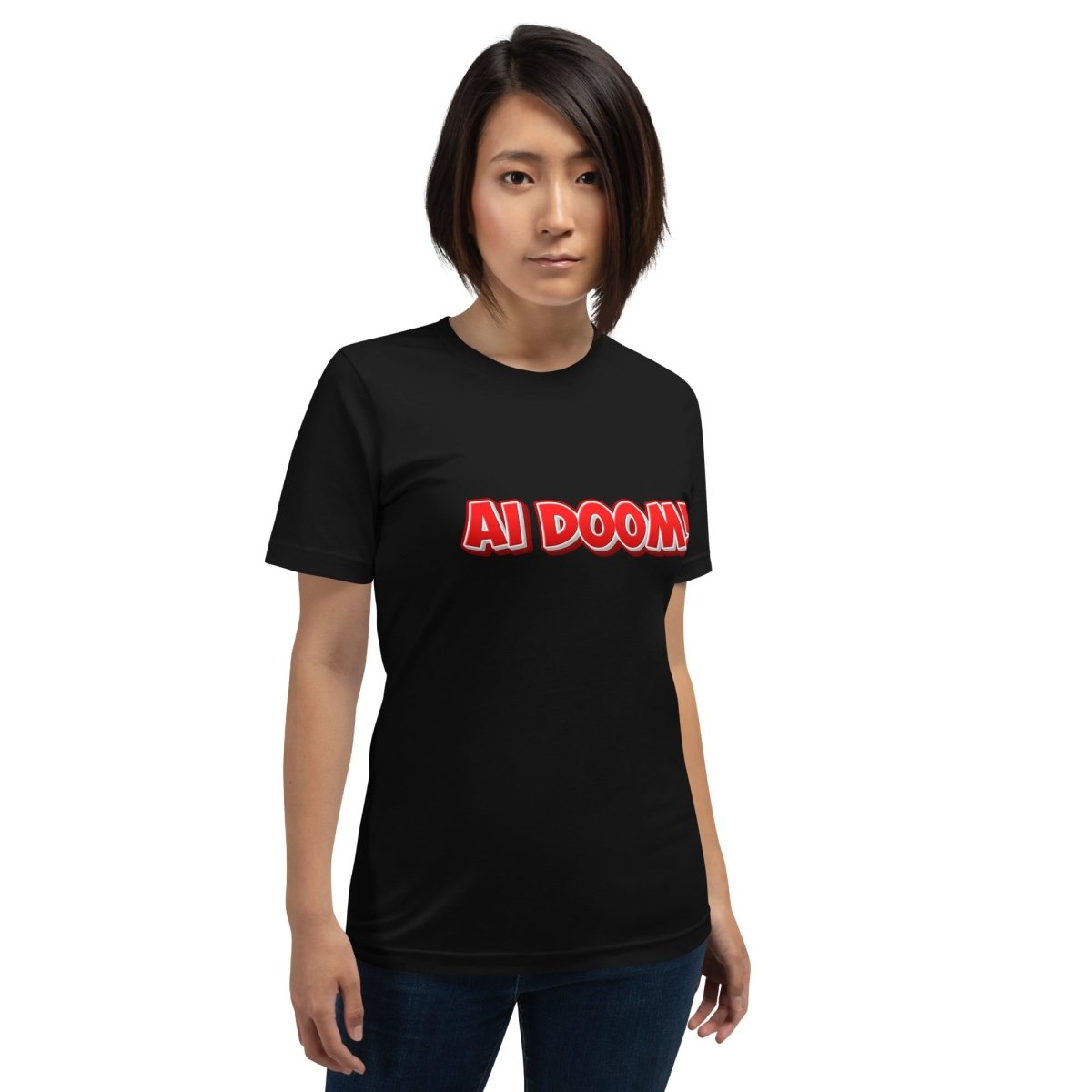 Image of the Red Comic AI DOOM! T-Shirt (unisex).