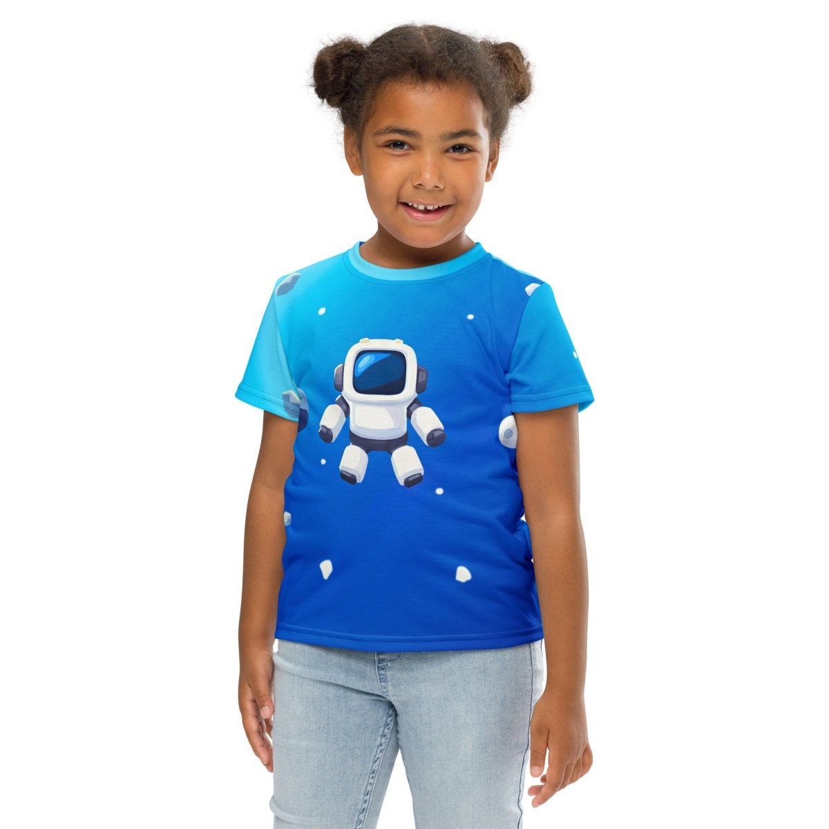 Product mockup photo of the Robot Floating in Space T Shirt (children).