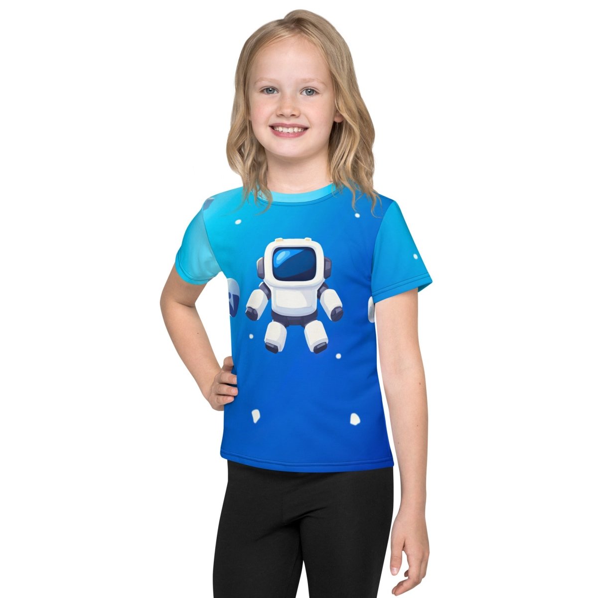 Product mockup photo of the Robot Floating in Space T Shirt (children).