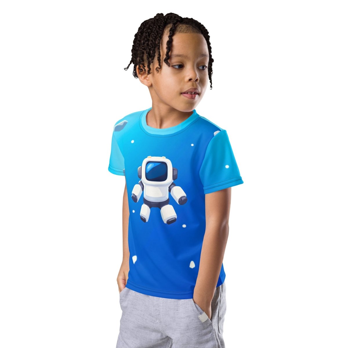 Product mockup photo of the Robot Floating in Space T Shirt (children).