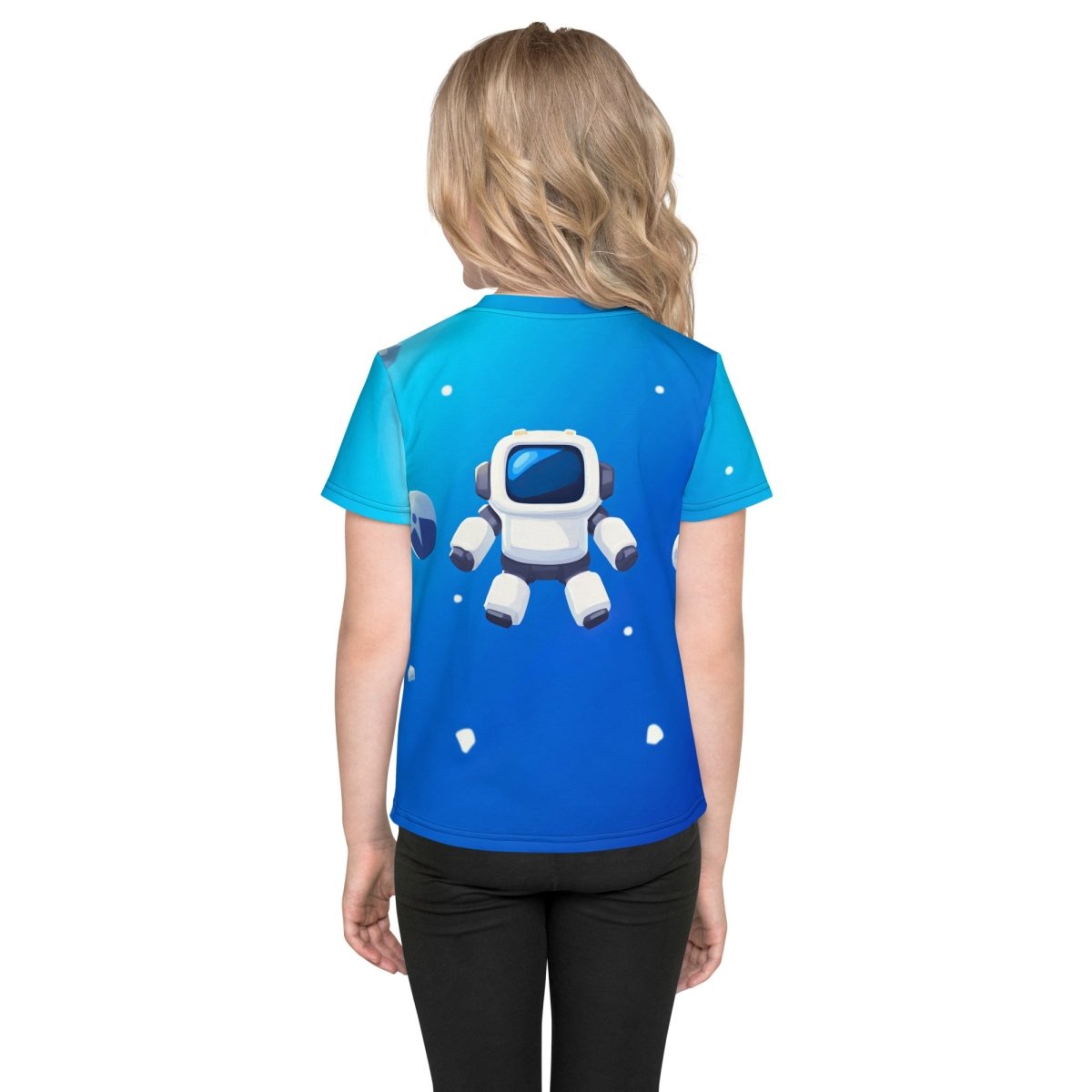 Product mockup photo of the Robot Floating in Space T Shirt (children).