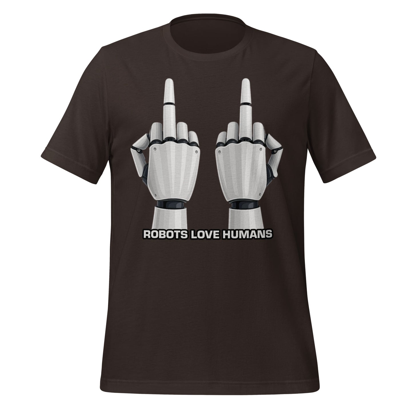 Mockup image of the Robot Middle Fingers T-Shirt (unisex) Brown / M.