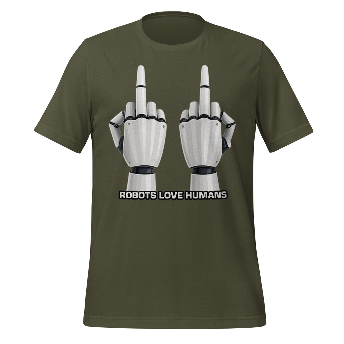Mockup image of the Robot Middle Fingers T-Shirt (unisex) Military Green / M.