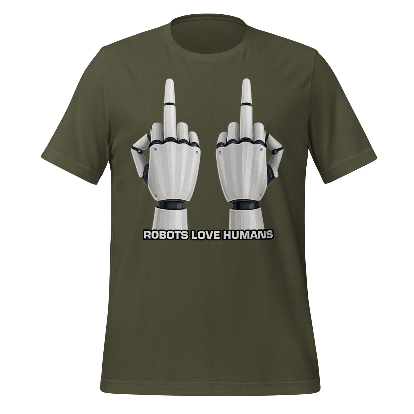 Mockup image of the Robot Middle Fingers T-Shirt (unisex) Military Green / M.