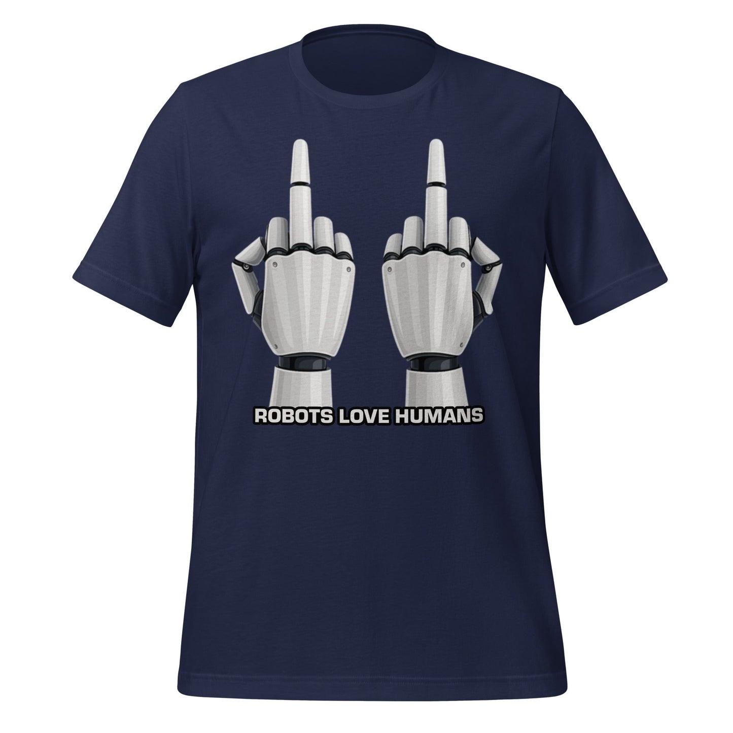 Mockup image of the Robot Middle Fingers T-Shirt (unisex) Navy / M.
