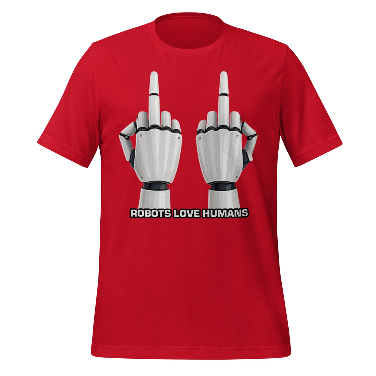 Mockup image of the Robot Middle Fingers T-Shirt (unisex) Red / M.