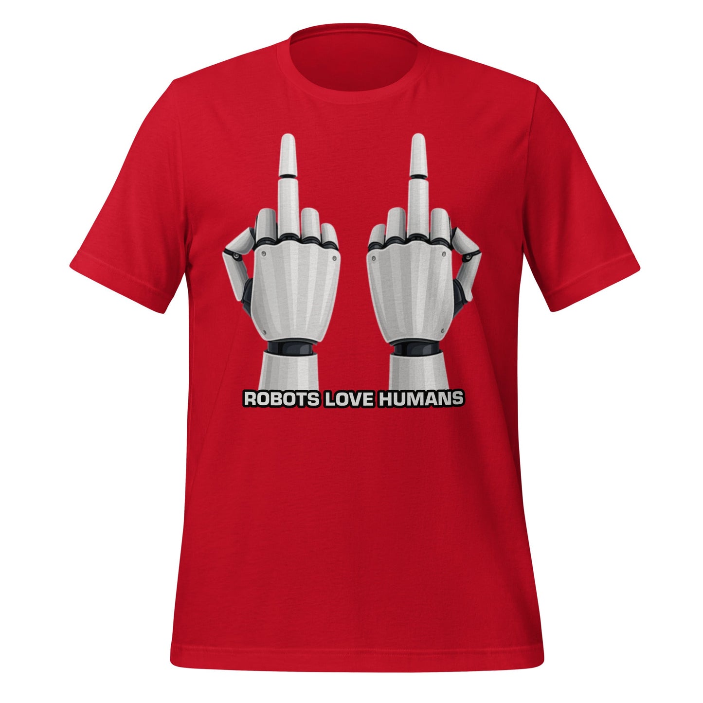 Mockup image of the Robot Middle Fingers T-Shirt (unisex) Red / M.