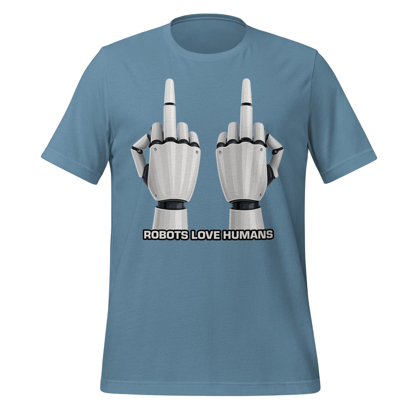 Mockup image of the Robot Middle Fingers T-Shirt (unisex) Steel Blue / M.