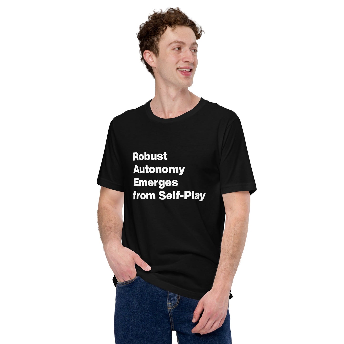 Product mockup photo of the Robust Autonomy Emerges from Self Play T Shirt (unisex).